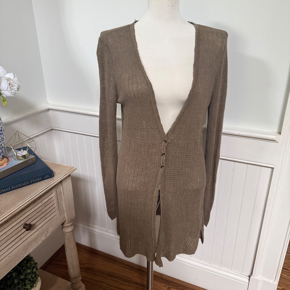 Lauren‎ Ralph Lauren Brown 100% Linen Longline Pointelle Knit Cardigan Sweater L